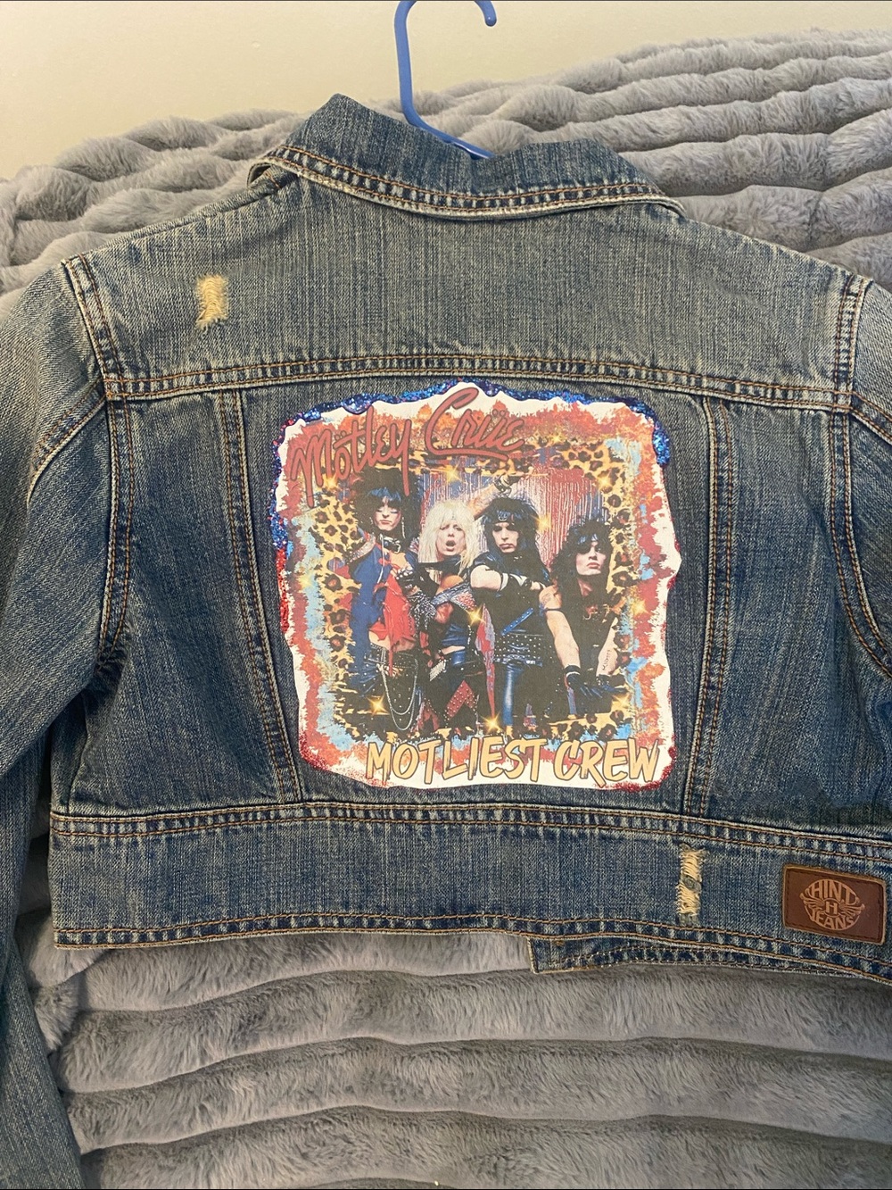 Cropped Blue Denim Jacket with Motley Crew Back Patch